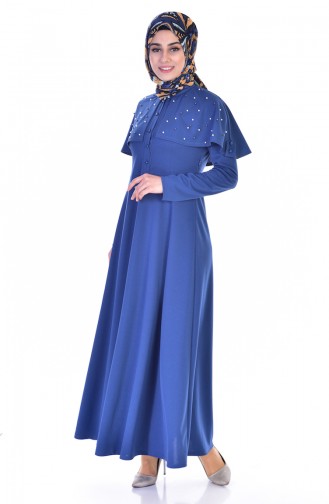Pelerinli Kuşaklı Elbise 1858-03 İndigo