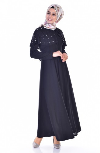 Pelerinli Kuşaklı Elbise 1858-05 Siyah