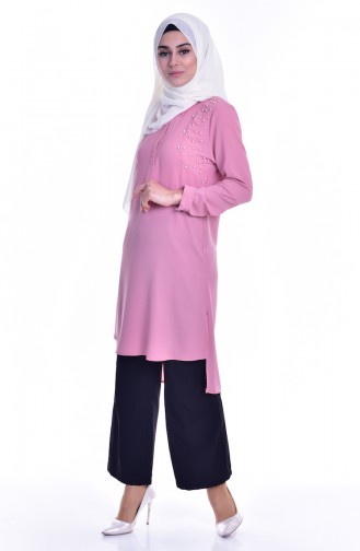 İncili Asimetrik Tunik 3145-03 Pembe