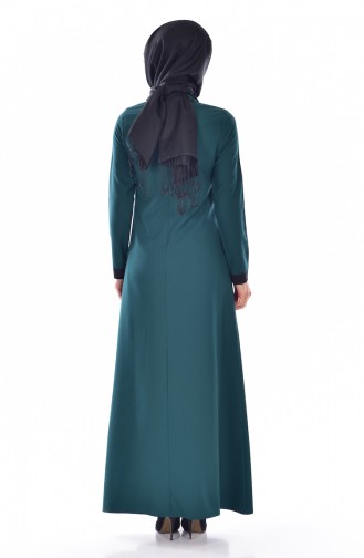 Yakası Fiyonk Detaylı Elbise 3008-14 Zümrüt Yeşil Siyah