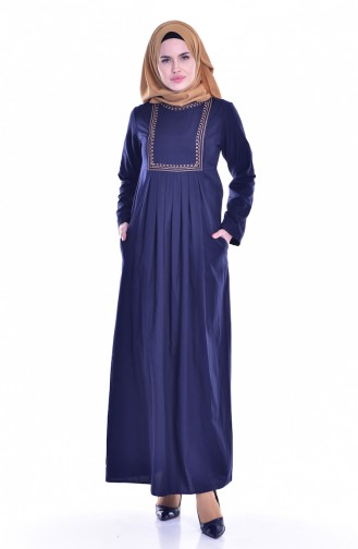 TUBANUR Embroidered Pocket Pleated Dress 2916-03 Navy Blue 2916-03