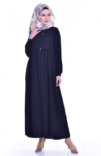 Fermuarlı Nakışlı Ferace 0005-04 Siyah