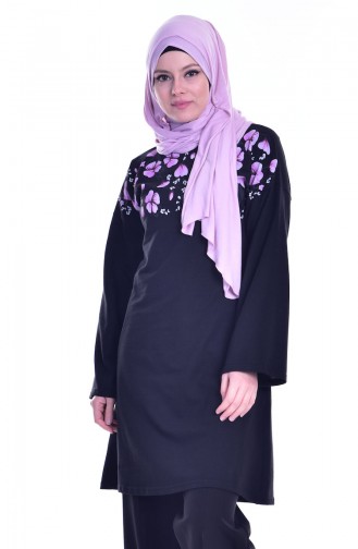 Tunique İmprimée de Fleurs 2908-01 Noir 2908-01