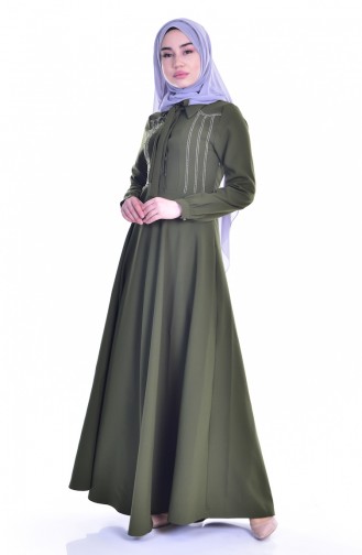 Kleid mit Krawattenkragen 8115-01 Dunkel Khaki 8115-01