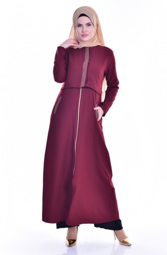 Sude Embroidered Detailed Abaya 2122-03 Claret Red 2122-03