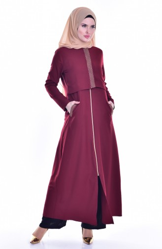 Sude Embroidered Detailed Abaya 2122-03 Claret Red 2122-03