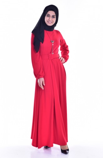 Kemerli Elbise 5108-10 Kırmızı