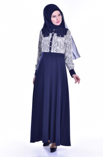 Lace Belted Dress 1613109-01 Navy Blue 1613109-01