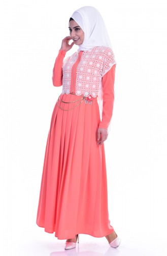 Lace Belt Dress 1613122-01 Coral Ecru 1613122-01
