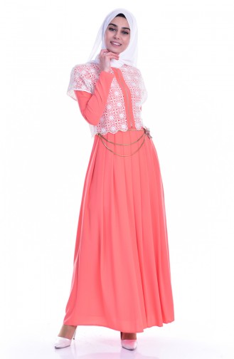 فستان بتصميم حزام للخصر مُزين بالدانتيل 1613122-01 لون مُرجاني وبيج فاتح 1613122-01