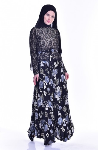 فستان بتصميم مُطبع مُزين بالدانتيل 1613121A-01 لون اسود وبيج فاتح 1613121A-01