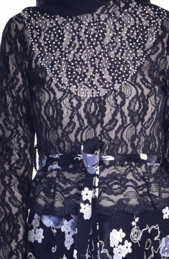 Dantelli Desenli Elbise 1613121A-01 Siyah Ekru