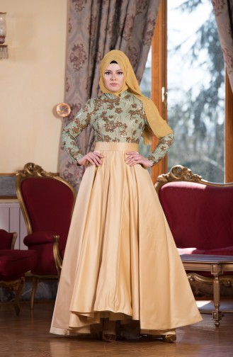 Robe De Soirée a Paillette et Ceinture 701216-02 Moutarde 701216-02