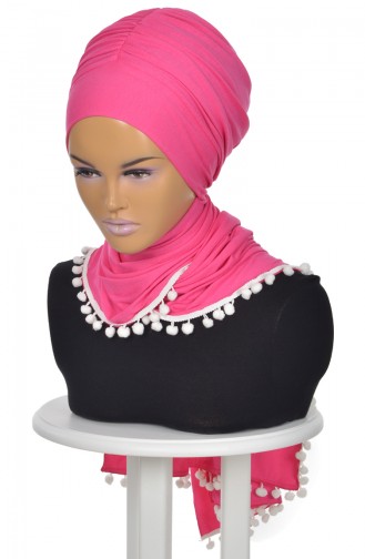 Gekämmtes Bonnet Schal mit Pompon Fuchsia BT0002-10 0002-10