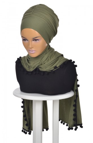 Gekämmtes Bonnet Schal mit Pompon Khaki Grün BT0002-13 0002-13