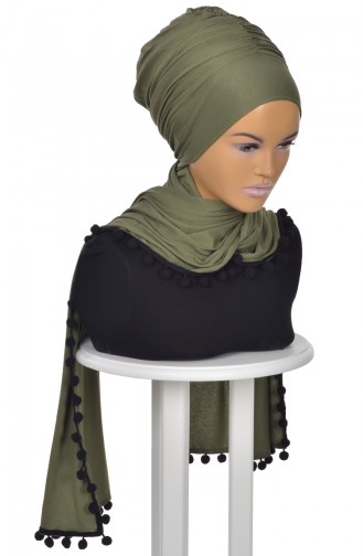 Gekämmtes Bonnet Schal mit Pompon Khaki Grün BT0002-13 0002-13