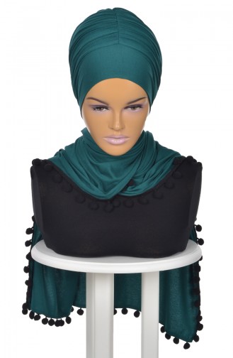 Pompon Accessory Combed Bonnet Shawl BT0002-14 Dark Green 0002-14