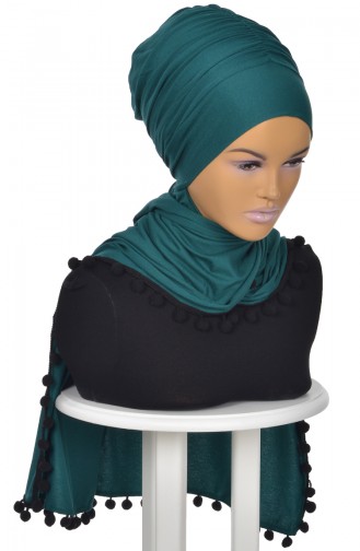 Pompon Accessory Combed Bonnet Shawl BT0002-14 Dark Green 0002-14