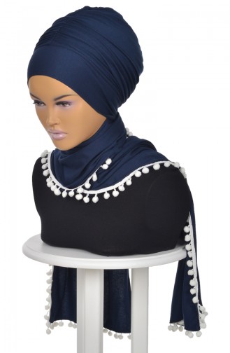 Châle Bonnet Peigné Accessoire Pompom Bleu Marine BT0002-1 0002-1