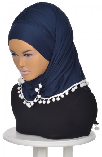 Châle Bonnet Peigné Accessoire Pompom Bleu Marine BT0002-1 0002-1