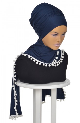 Châle Bonnet Peigné Accessoire Pompom Bleu Marine BT0002-1 0002-1