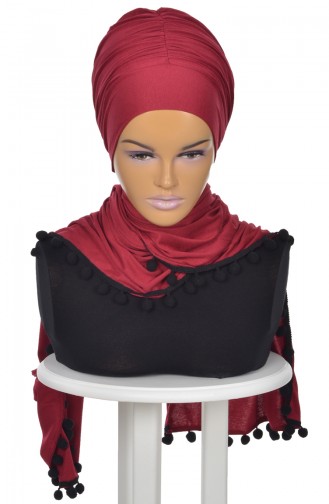 Pompon Accessory Combed Bonnet Shawl BT0002-3 Burgundy 0002-3