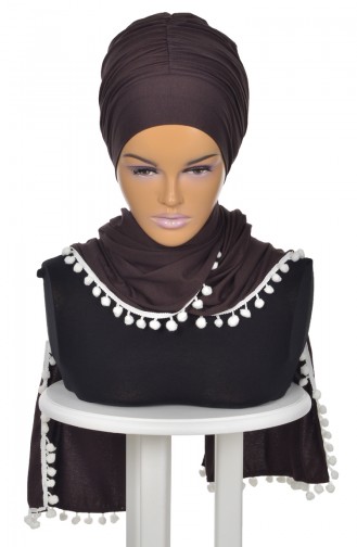 Pompon Accessory Combed Bonnet Shawl BT0002-5 Brown 0002-5