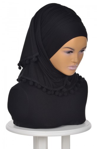 Pompon Detail Cotton Bonnet Shawl Black BT0002-6 0002-6