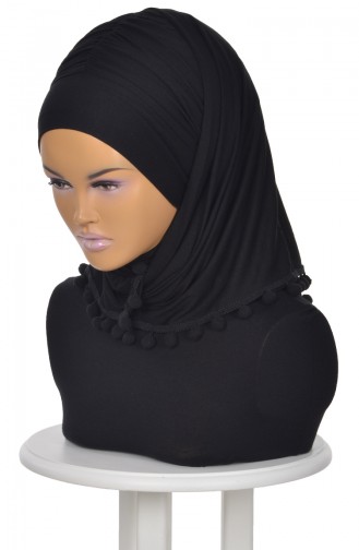 Pompon Detail Cotton Bonnet Shawl Black BT0002-6 0002-6