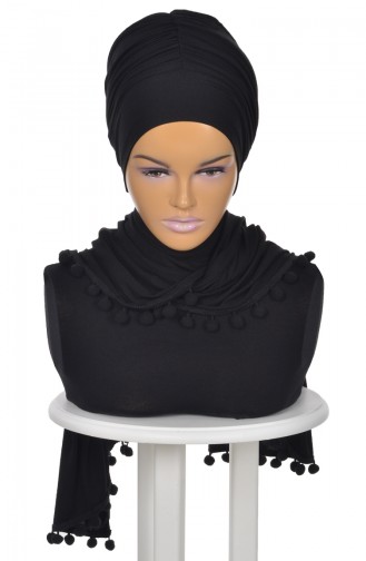 Châle Bonnet Accessoire Pompom Noir BT0002-6 0002-6