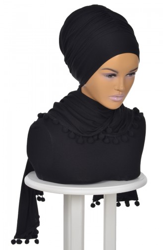 Pompon Detail Cotton Bonnet Shawl Black BT0002-6 0002-6