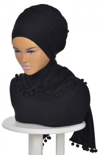 Pompon Detail Cotton Bonnet Shawl Black BT0002-6 0002-6