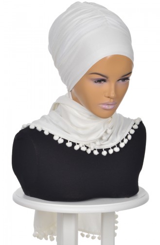 Pompon Accessory Combed Bonnet Shawl BT0002-8 Cream 0002-8