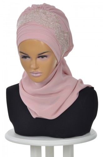 Turban Prêt en Mousseline a Dentelle Poudre HT0053-11 0053-11