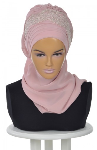 Turban Prêt en Mousseline a Dentelle Poudre HT0053-11 0053-11