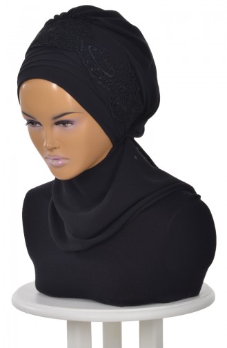 Turban Prêt en Mousseline a Dentelle Noir HT0053-14 0053-14