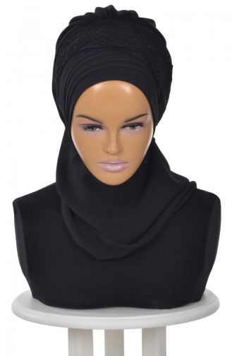 Turban Prêt en Mousseline a Dentelle Noir HT0053-14 0053-14