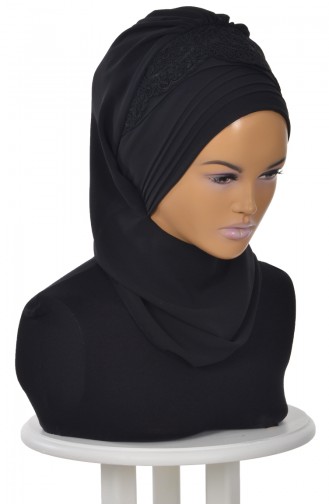 Turban Prêt en Mousseline a Dentelle Noir HT0053-14 0053-14