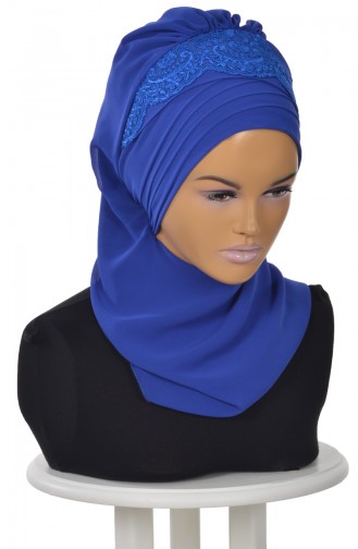 Turban Prêt en Mousseline a Dentelle Bleu Roi HT0053-16 0053-16