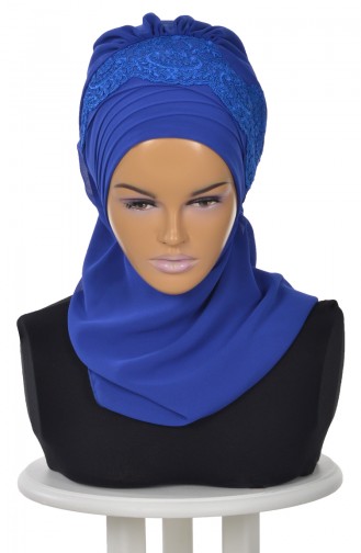 Turban Prêt en Mousseline a Dentelle Bleu Roi HT0053-16 0053-16