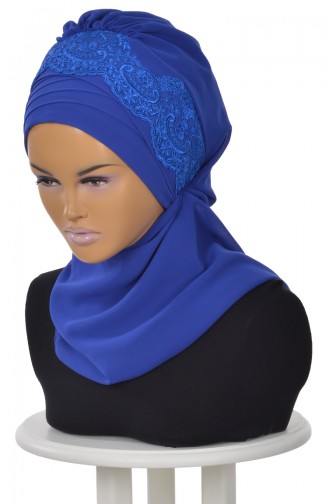 Turban Prêt en Mousseline a Dentelle Bleu Roi HT0053-16 0053-16