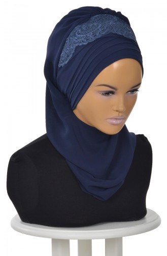 Turban Prêt en Mousseline a Dentelle Bleu Marine HT0053-23 0053-23