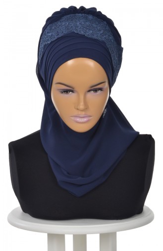 Turban Prêt en Mousseline a Dentelle Bleu Marine HT0053-23 0053-23