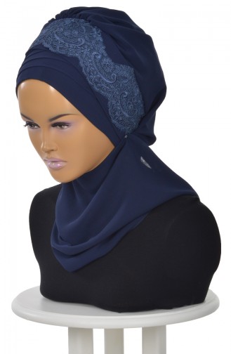 Turban Prêt en Mousseline a Dentelle Bleu Marine HT0053-23 0053-23