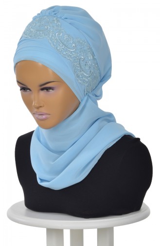 Chiffon Fertiges Kopftuch mit Spitzen-Baby Blau HT0053-27 0053-27