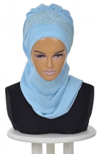 Turban Prêt en Mousseline a Dentelle Bleu Bébé HT0053-27 0053-27