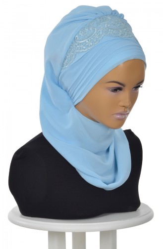 Turban Prêt en Mousseline a Dentelle Bleu Bébé HT0053-27 0053-27