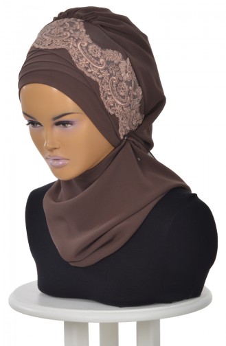 Turban Prêt en Mousseline a Dentelle Brun HT0053-6 0053-6