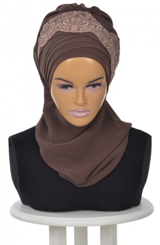 Turban Prêt en Mousseline a Dentelle Brun HT0053-6 0053-6