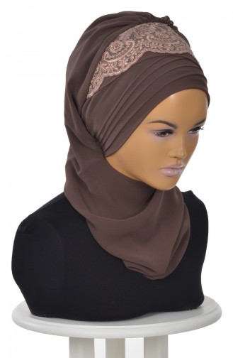 Turban Prêt en Mousseline a Dentelle Brun HT0053-6 0053-6